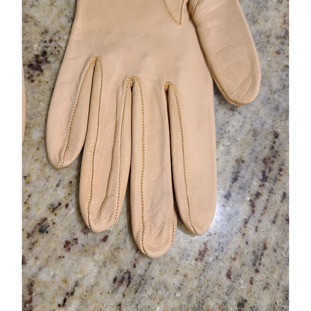 Vintage Size S Pumpkin Beige Soft Leather Formal 9" Gloves Wrist Weave Bow - Picture 8 of 15